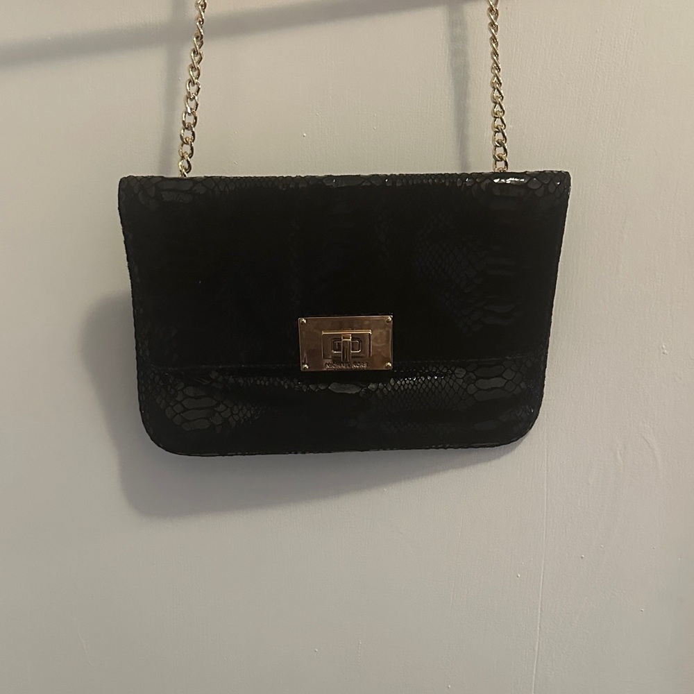 Michael Kors Black Snake-Embossed Clutch with Gold Chain